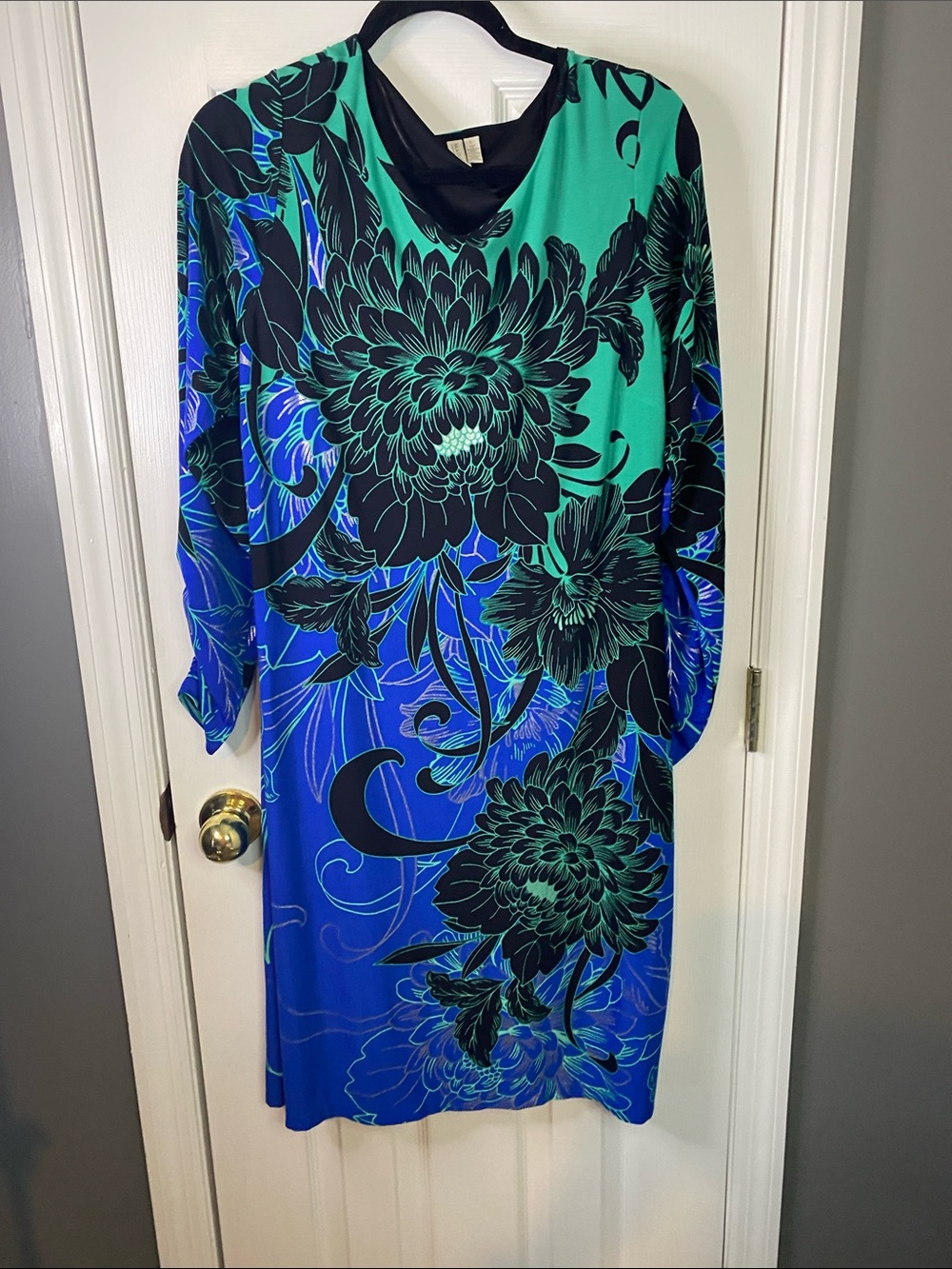 Madison Teal, Blue & Black Floral Long Sleeve Size Large Dress .